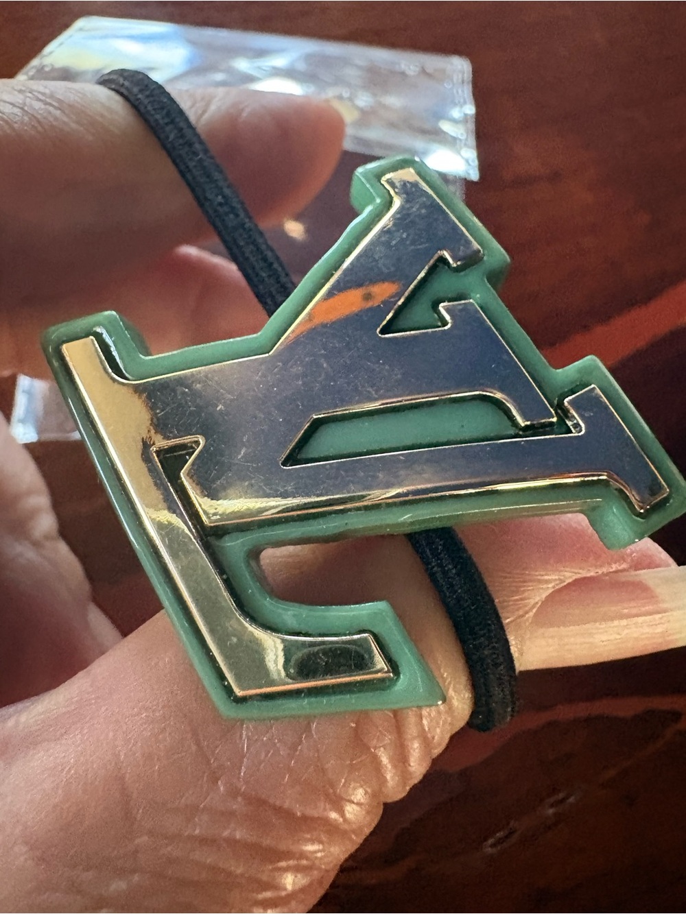 LV Logo Hair Tie Pair in Gold and Iridescent Green - Picture 4 of 7